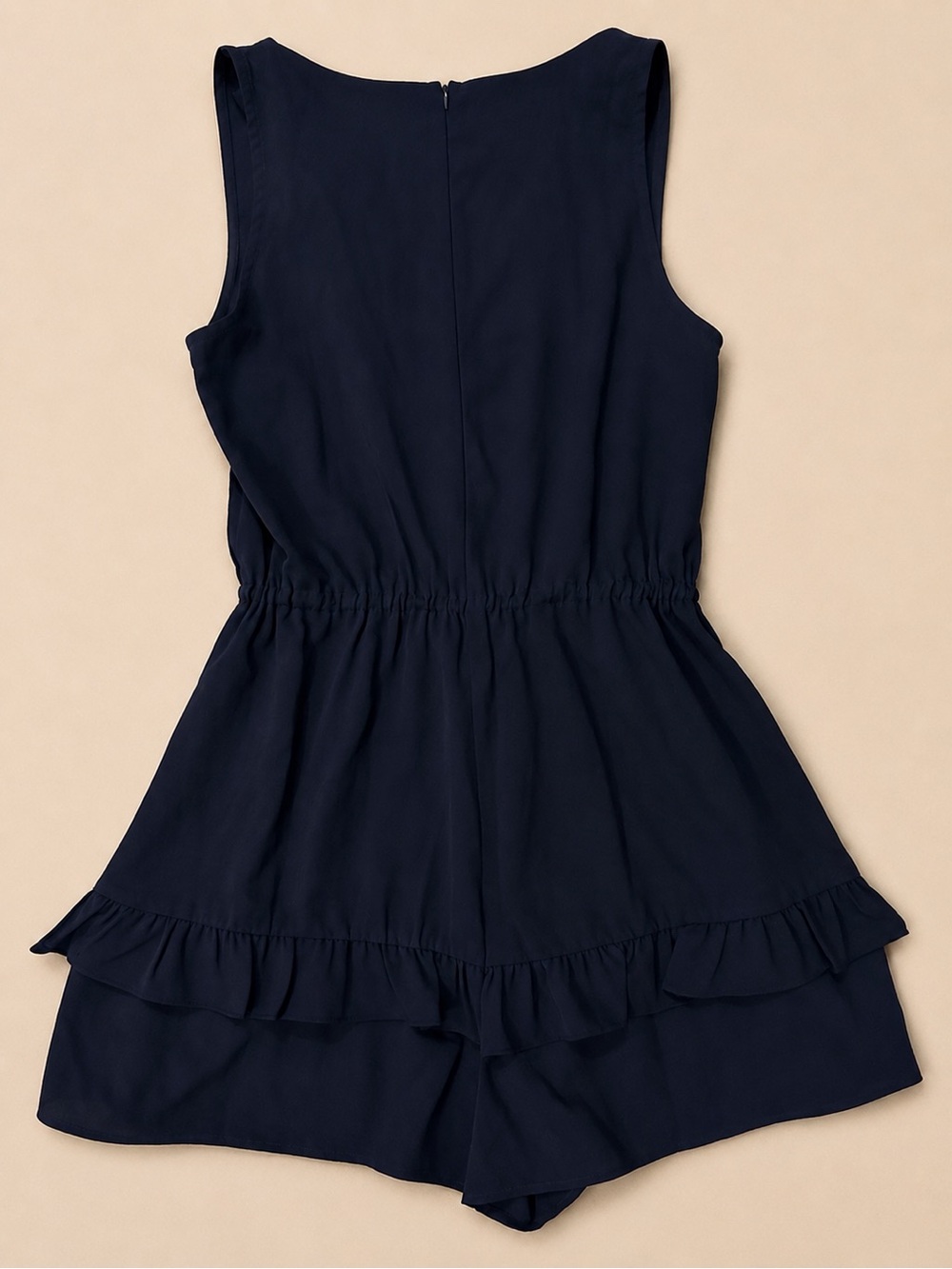 Navy Ruffle Hem Sleeveless Romper | Tie Waist | Size Small - Picture 3 of 4